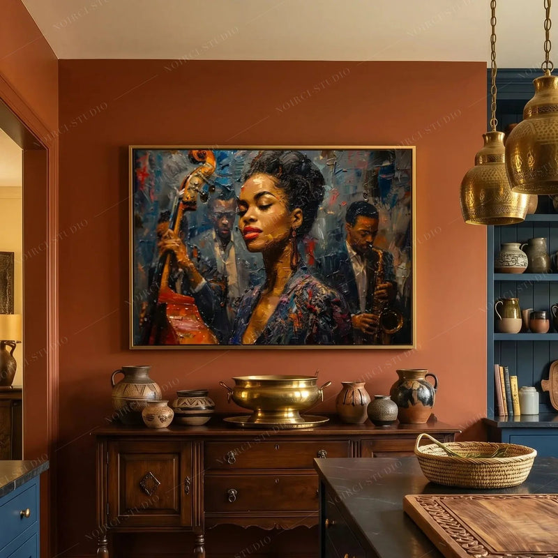 Black kitchen wall art, jazz singer painting on a terracotta wall above an antique sideboard with brass