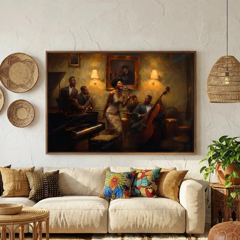 Afrohemian decor in a boho living room, jazz singer painting beside woven wall baskets above a cream sofa