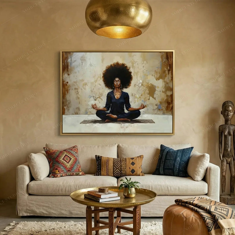 Black boho decor, meditation canvas in a gold frame above a linen sofa with kilim and mudcloth pillows