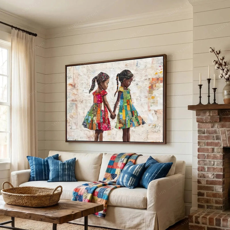 Black art for living room, sisters quilt canvas over a beige sofa with indigo pillows beside a brick fireplace
