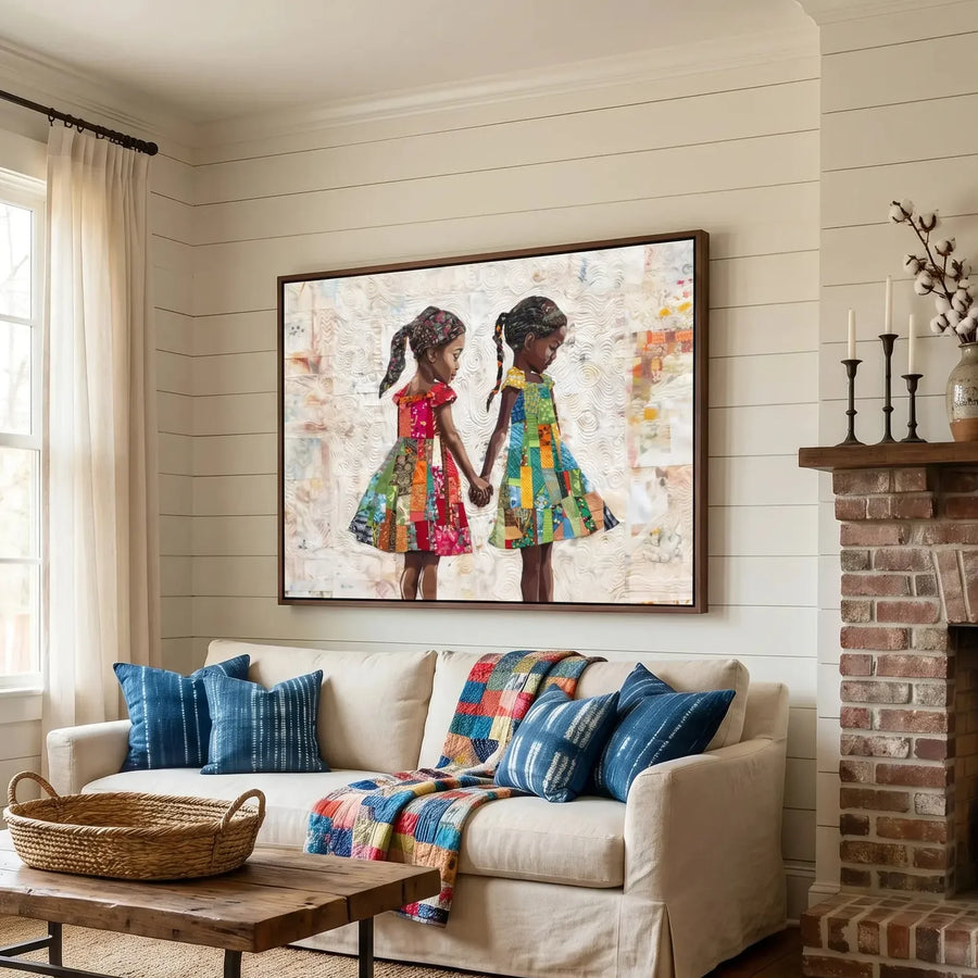 Black art for living room, sisters quilt canvas over a beige sofa with indigo pillows beside a brick fireplace