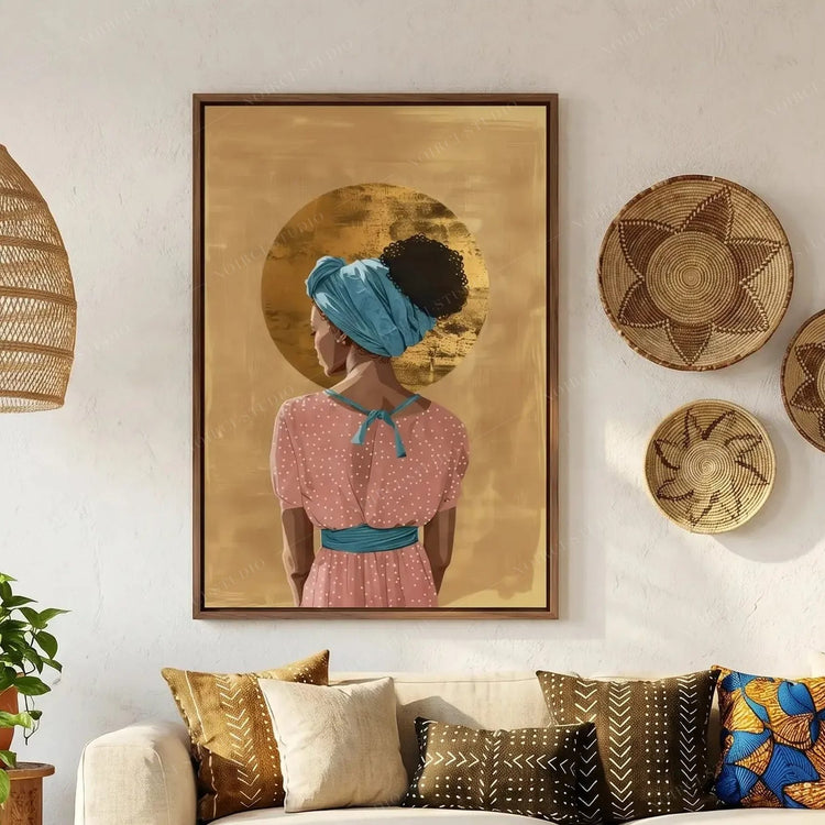 Afrohemian decor, walnut-framed Black woman in a teal headwrap with gold halo above a sofa with mudcloth pillows
