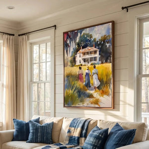 Gullah Geechee art above a sofa with indigo pillows, Lowcountry watercolor in a shiplap farmhouse living room