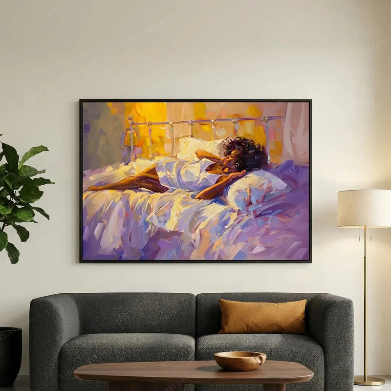 Black art for living room, sunrise painting in a black frame above a charcoal sofa and fiddle leaf fig