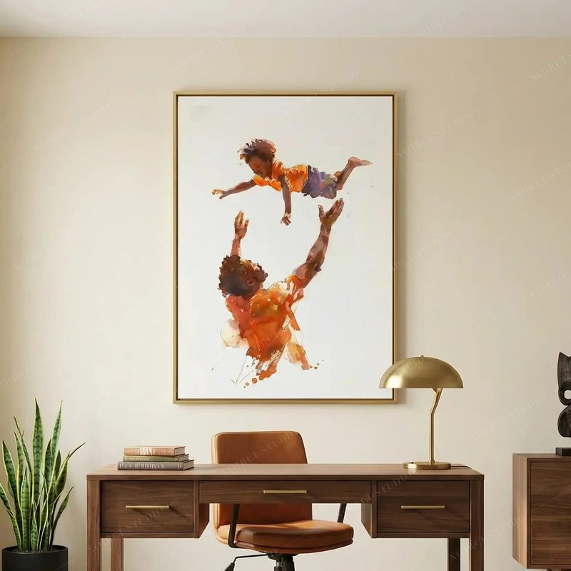 African American art for a home office, framed watercolor of a dad lifting his boy above a walnut desk with a brass lamp