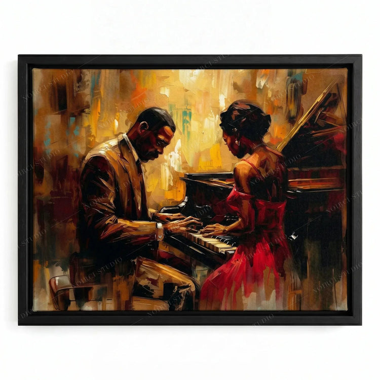 Black couple at a grand piano in a black floating frame, jazz romance oil painting in reds and golds