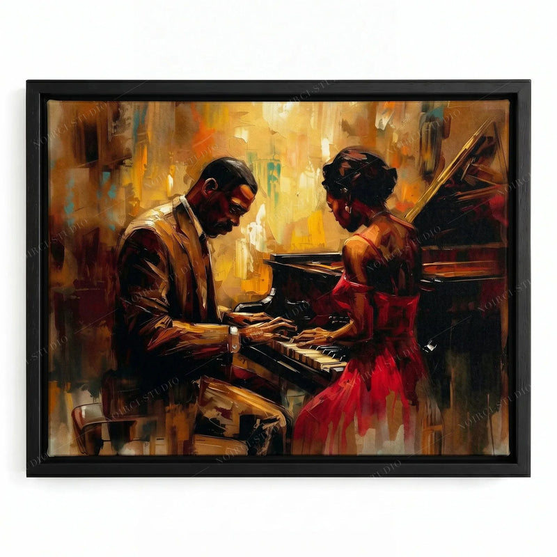 Black couple at a grand piano in a black floating frame, jazz romance oil painting in reds and golds