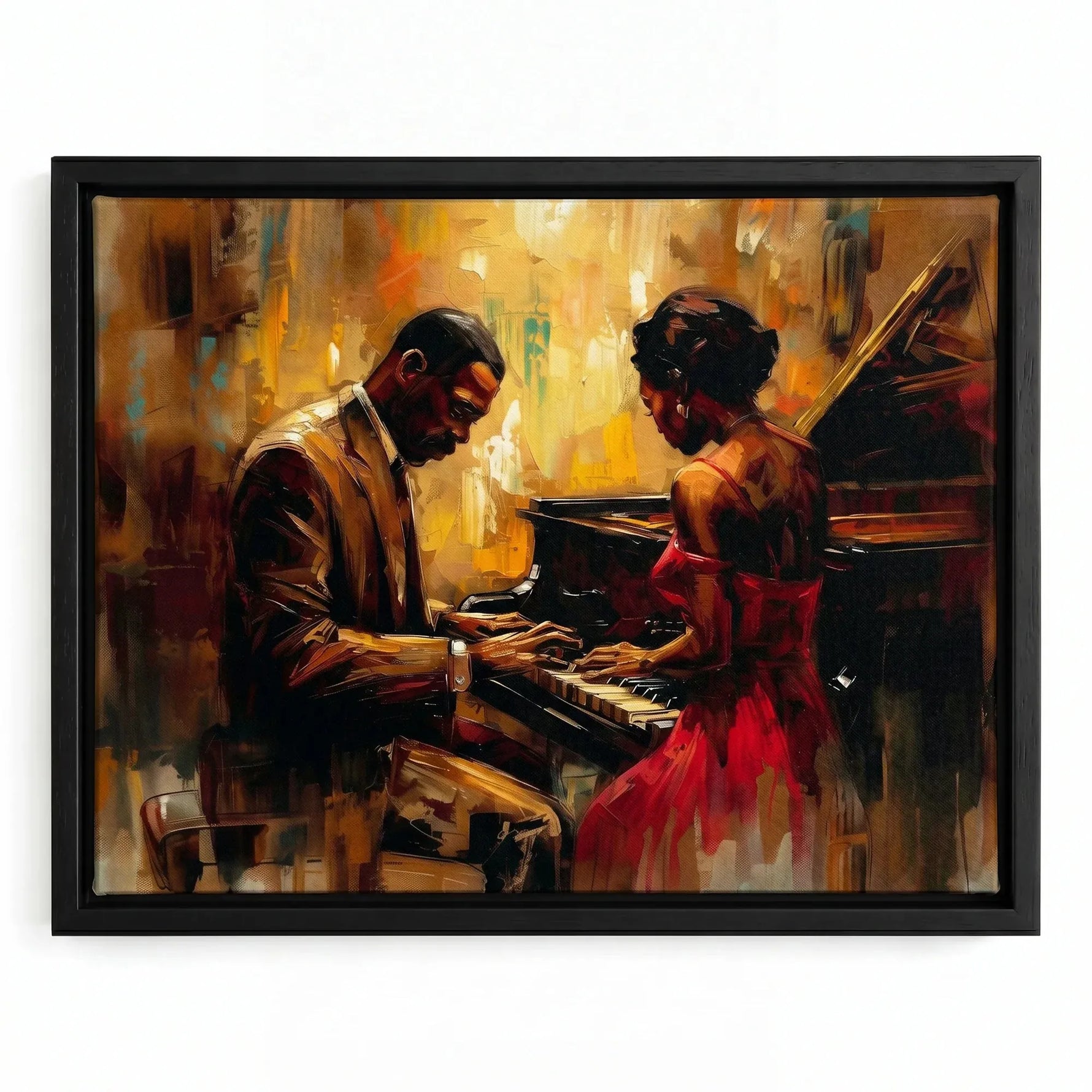 Black couple at a grand piano in a black floating frame, jazz romance oil painting in reds and golds