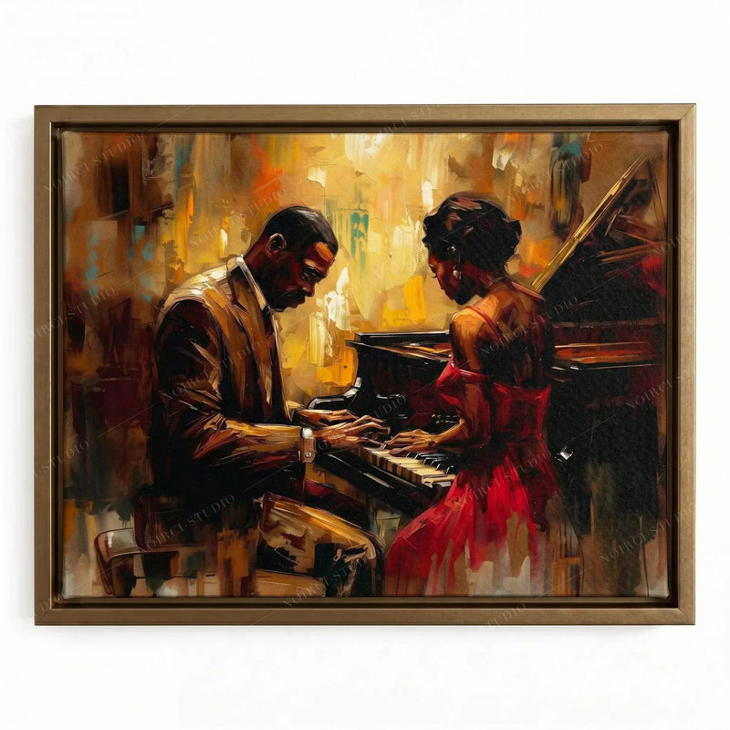 Jazz couple painting in a gold floating frame, man in a brown suit playing piano for a woman in red