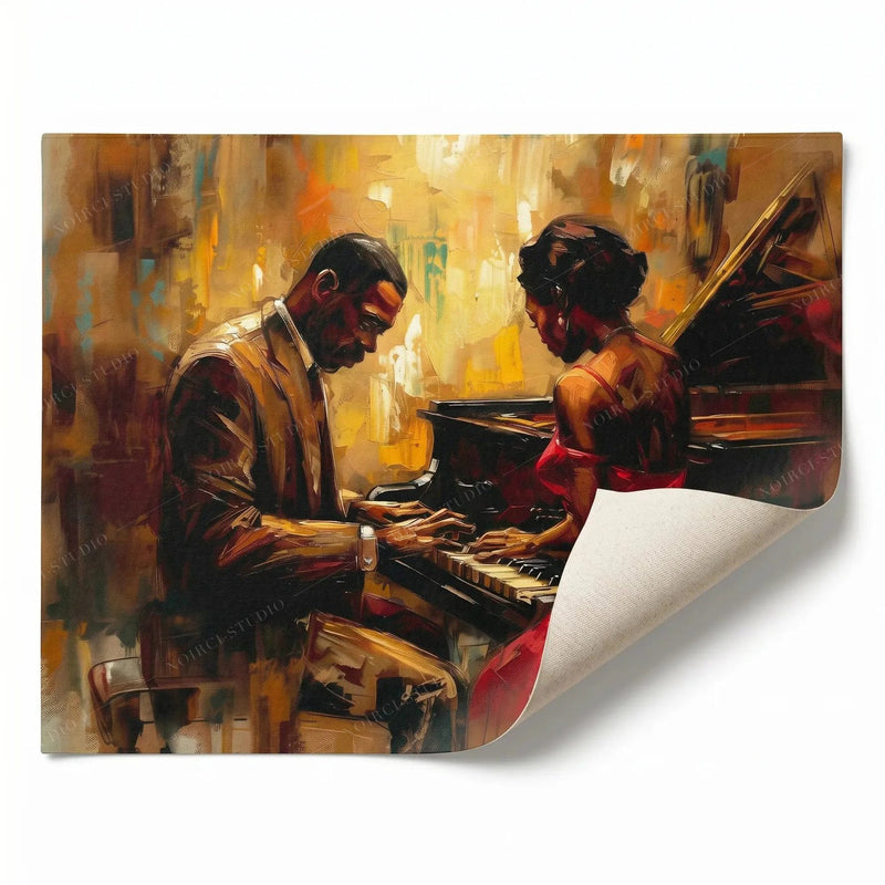 Rolled canvas print of a jazz piano duet, curled corner showing canvas texture, ready for custom framing