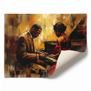 Rolled canvas print of a jazz piano duet, curled corner showing canvas texture, ready for custom framing