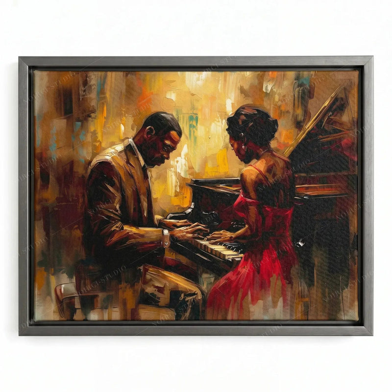 Harlem Renaissance music art in a silver floating frame, romantic couple at a piano in amber tones