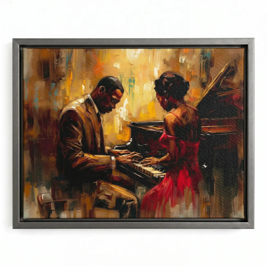 Harlem Renaissance music art in a silver floating frame, romantic couple at a piano in amber tones