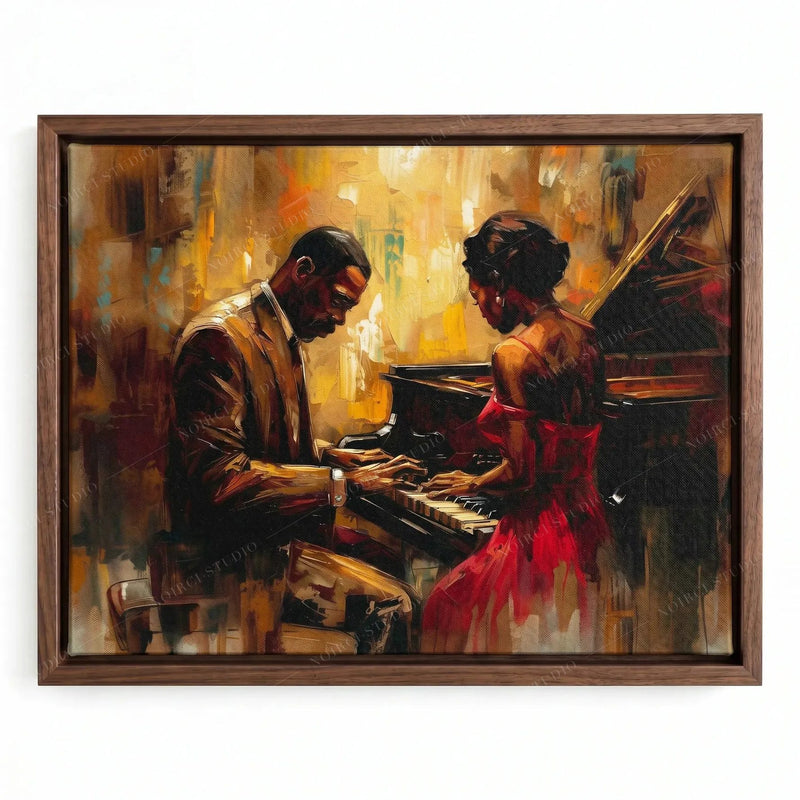 Harlem Renaissance artwork in a walnut floating frame, woman in a red dress beside a pianist at a grand piano