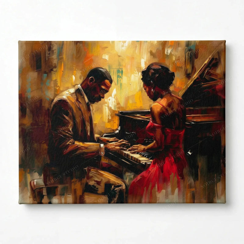 Stretched canvas of a Black couple at a jazz piano, gallery wrapped and ready to hang