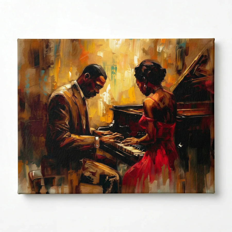 Stretched canvas of a Black couple at a jazz piano, gallery wrapped and ready to hang