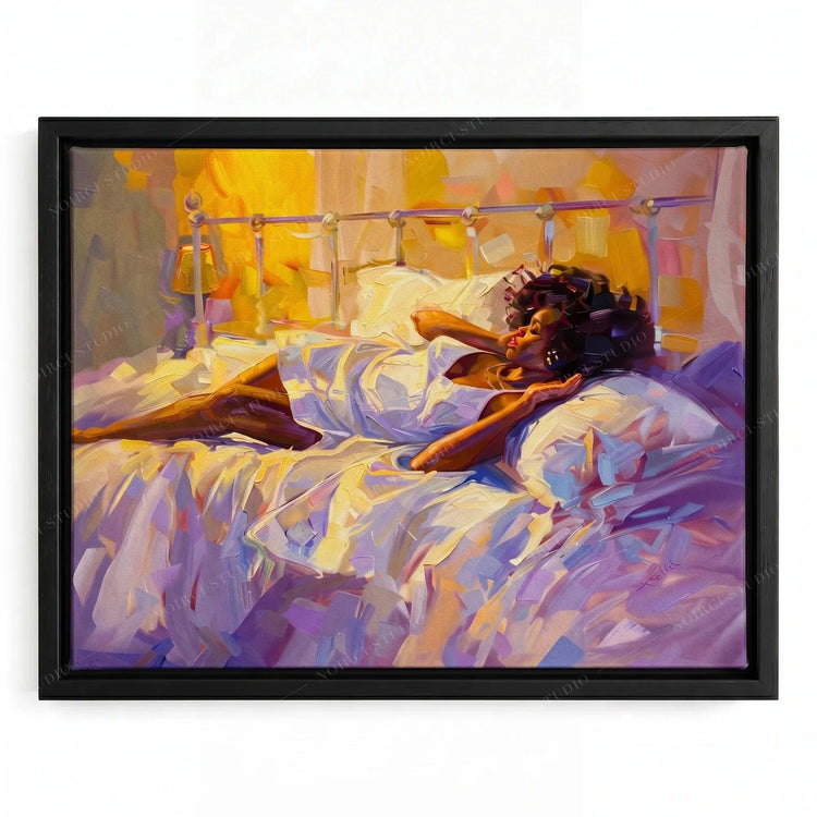 Melanin queen canvas in a black floating frame, Black woman in hair rollers resting in golden morning light