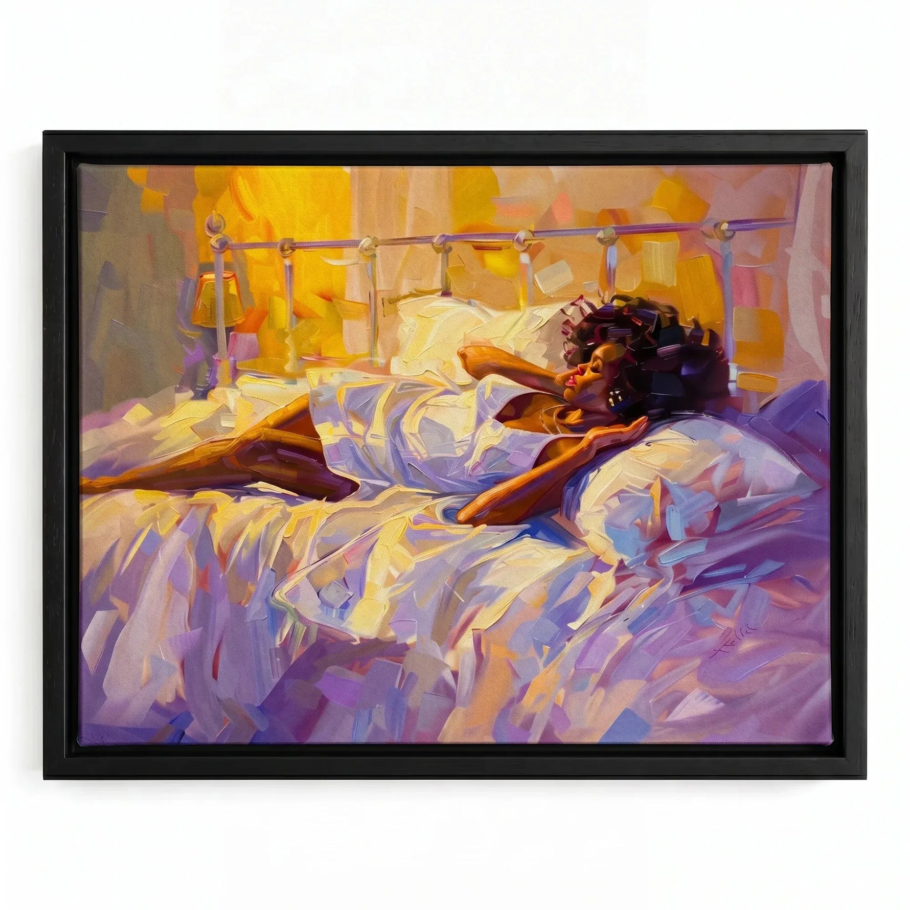 Melanin queen canvas in a black floating frame, Black woman in hair rollers resting in golden morning light