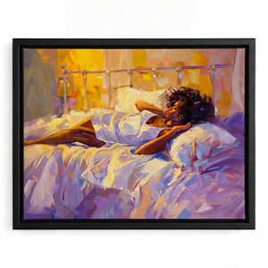 Melanin queen canvas in a black floating frame, Black woman in hair rollers resting in golden morning light