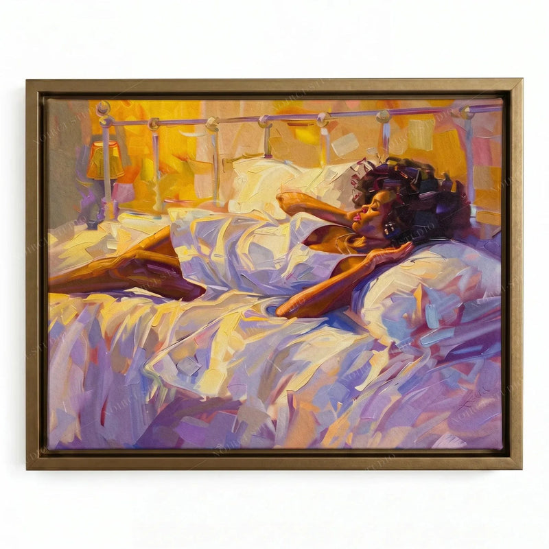 Black woman painting in a gold floating frame, sunrise glow across a white iron bed and violet sheets