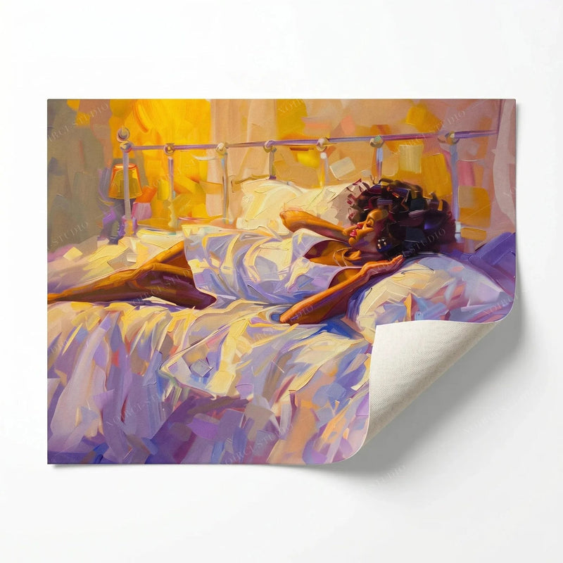 Rolled canvas print of a woman resting in golden morning light, ready for custom framing