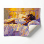 Rolled canvas print of a woman resting in golden morning light, ready for custom framing