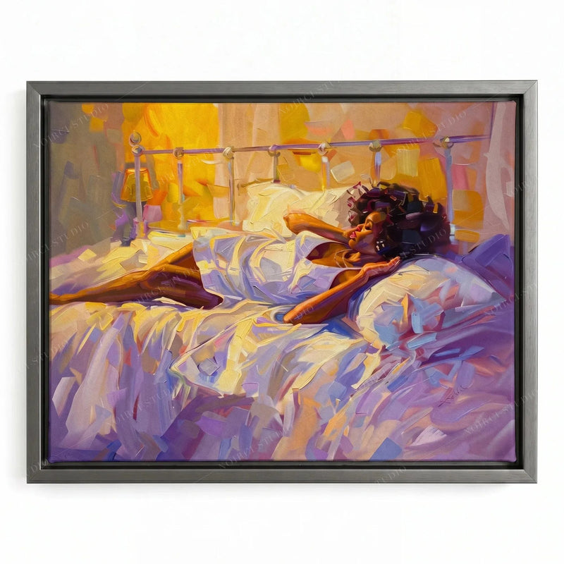 Modern melanin wall art in a silver floating frame, woman waking slowly in warm yellow light
