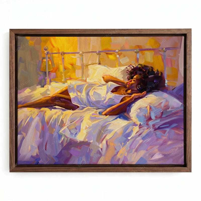 Black woman bedroom art in a walnut floating frame, painterly figure stretching awake on lavender bedding