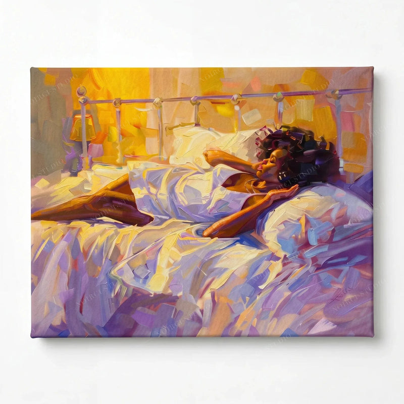 Stretched canvas of a Black woman waking at sunrise, gallery wrapped and ready to hang