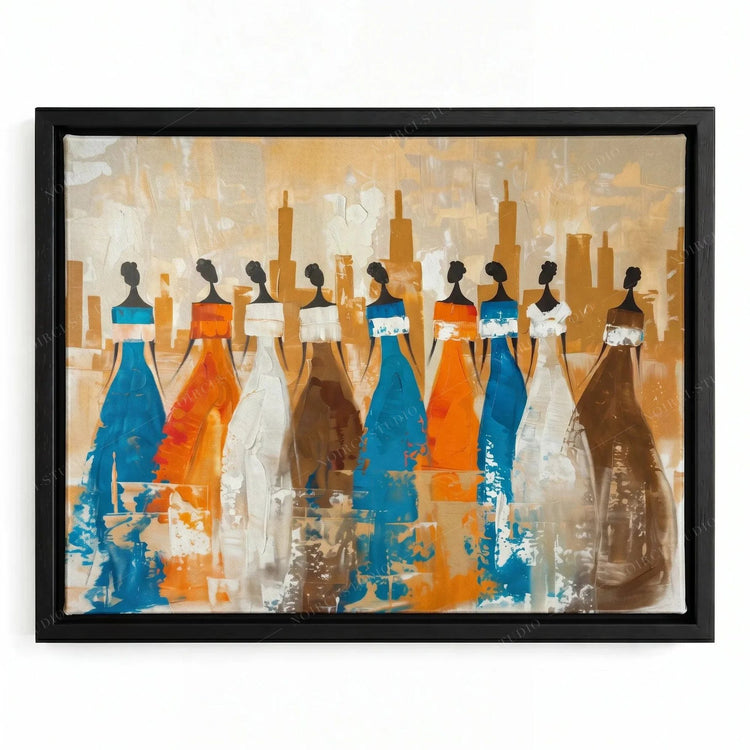 Ancestors African tribal wall art in a black floating frame, nine tribal women in painted gowns against an amber abstract background