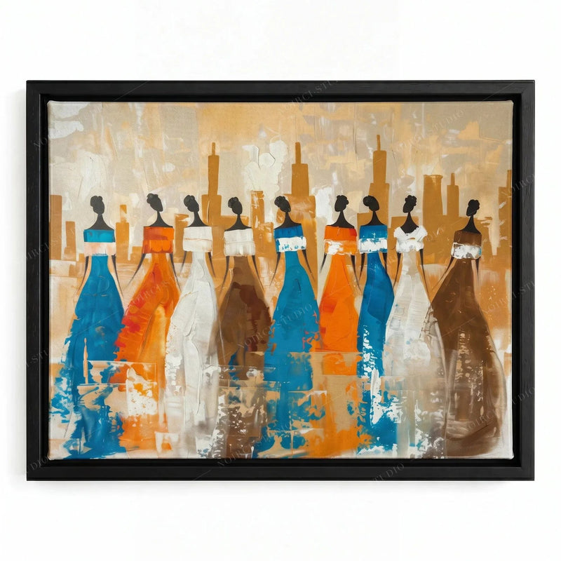 Ancestors African tribal wall art in a black floating frame, nine tribal women in painted gowns against an amber abstract background