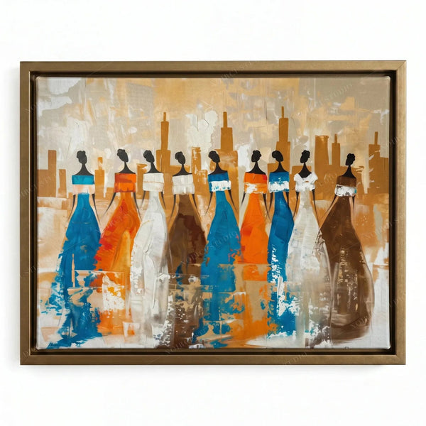 Ancestors Black women wall art in a gold floating frame, nine tribal women in flowing gowns in a modern village interpretation