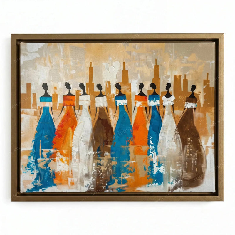 Ancestors Black women wall art in a gold floating frame, nine tribal women in flowing gowns in a modern village interpretation