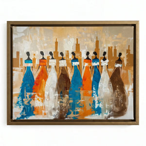 African wall decor in a gold floating frame, eight African women silhouettes in flowing gowns with brushy city towers