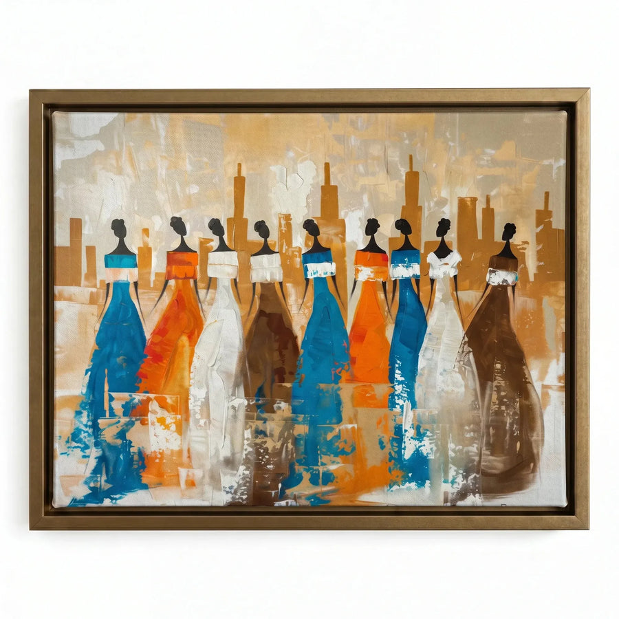 African wall decor in a gold floating frame, eight African women silhouettes in flowing gowns with brushy city towers