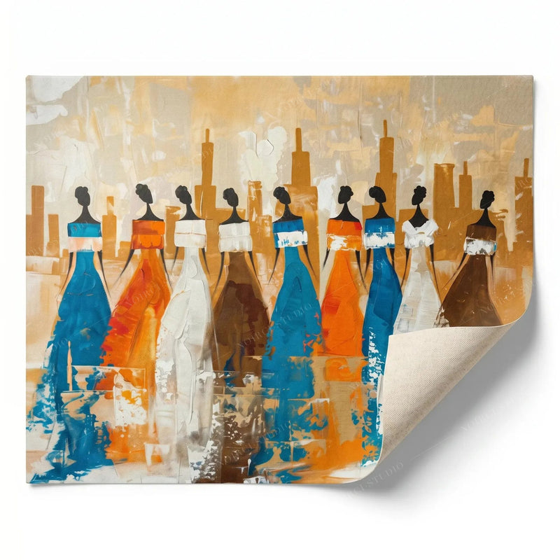 Rolled canvas print of Ancestors African tribal wall art, nine tribal women, curled corner shown, ready for custom framing