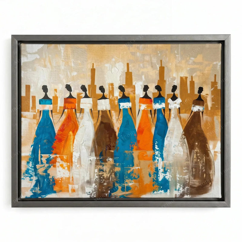 Ancestors Afrocentric canvas wall art in a silver floating frame, nine tribal women in painted gowns against warm amber abstraction