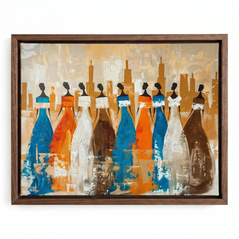 Ancestors African tribal village wall art in a walnut floating frame, nine tribal women in blue, orange and cream dresses on an abstract background