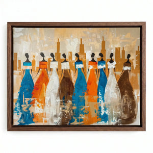 African canvas art in a walnut floating frame, eight women in blue, orange and white dresses with an abstract skyline