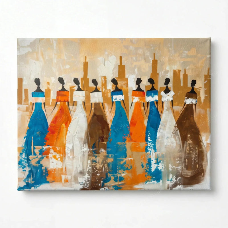 Ancestors tribal women wall art stretched on wood bars, ready to hang, nine tribal women in blue and orange gowns