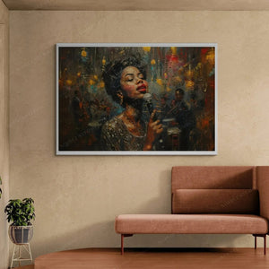 Urban Black wall art, jazz singer in a white frame on a plaster wall above a terracotta sofa
