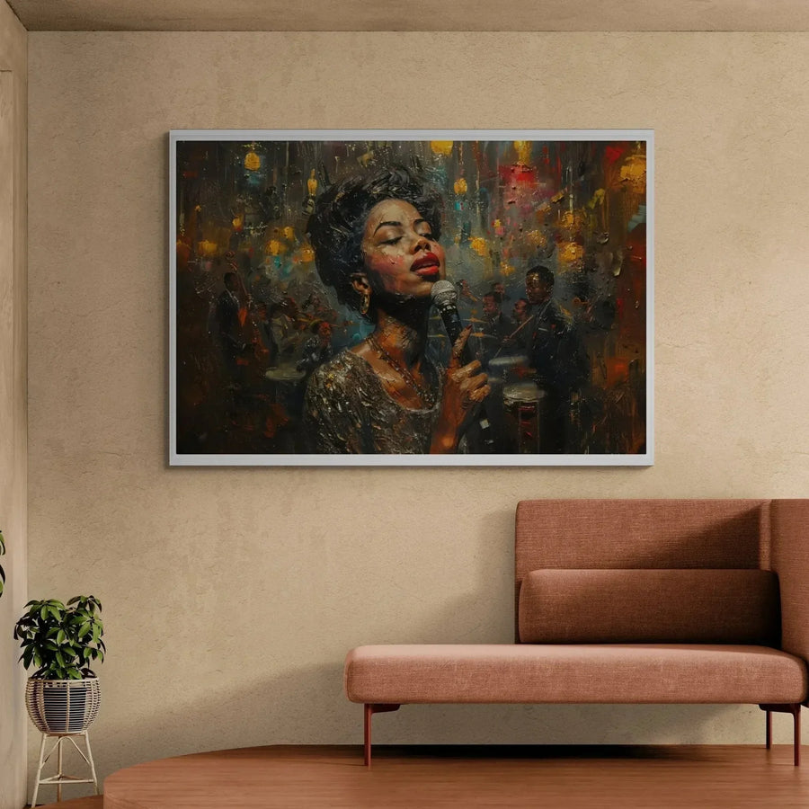 Urban Black wall art, jazz singer in a white frame on a plaster wall above a terracotta sofa
