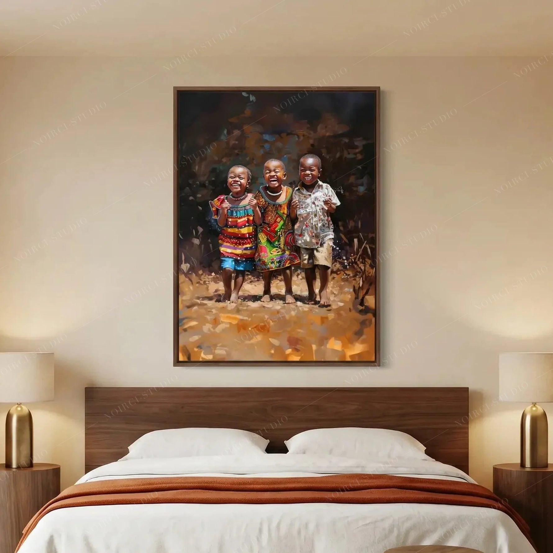 African American art for the bedroom, painting of three joyful children above a walnut platform bed with brass lamps