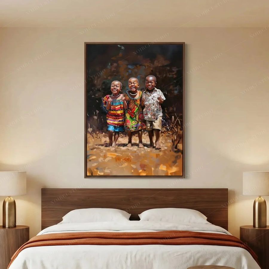 African American art for the bedroom, painting of three joyful children above a walnut platform bed with brass lamps