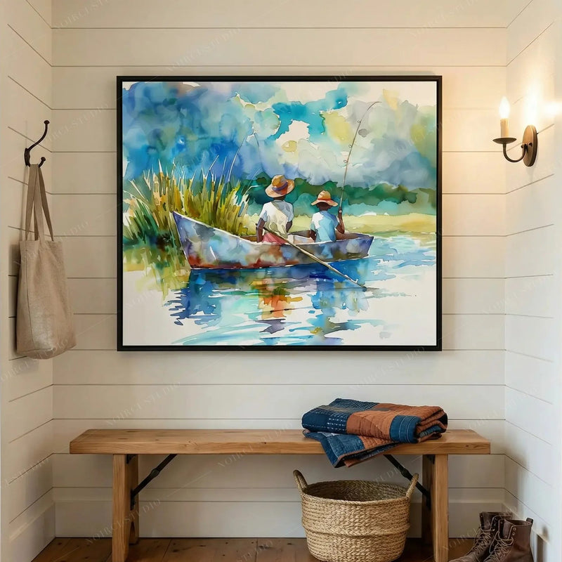Framed watercolor of boys fishing in a marsh creek, shiplap mudroom with a wood bench and woven basket