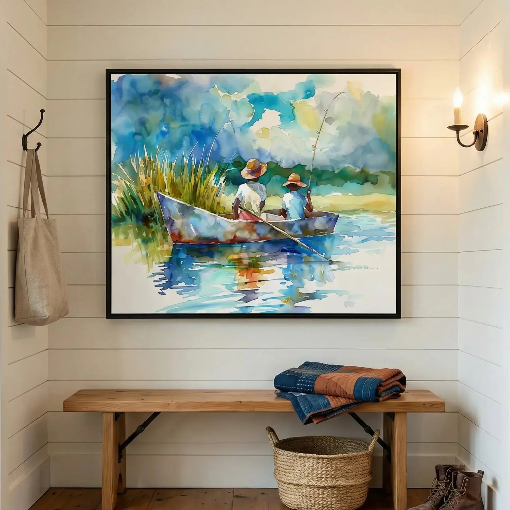 Framed watercolor of boys fishing in a marsh creek, shiplap mudroom with a wood bench and woven basket