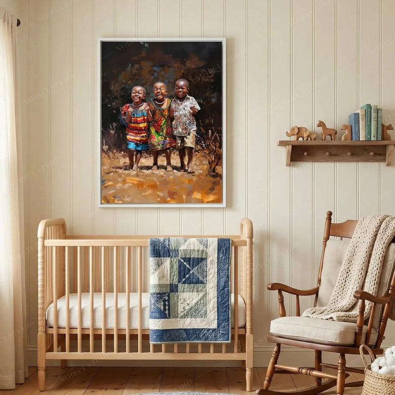 Black art for nursery walls, three joyful African children in a white frame above a wood crib and rocking chair