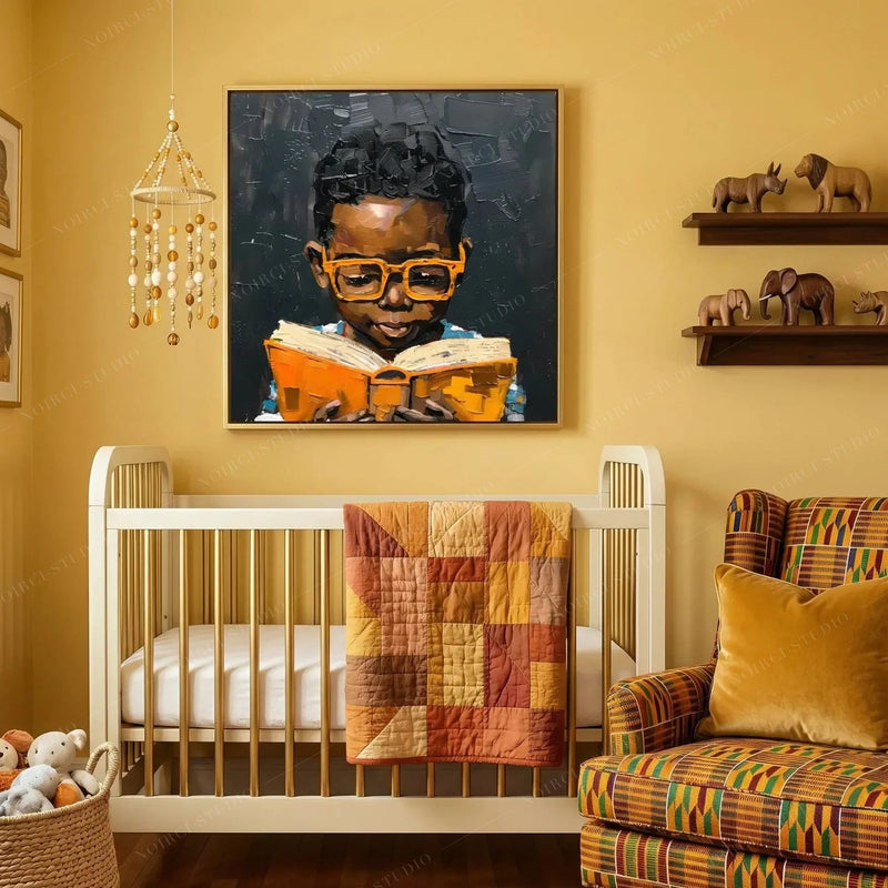 Black boy reading wall art above a crib and patterned reading chair in a mustard-yellow nursery