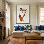 Black father and son art in a farmhouse living room, watercolor dad tossing his boy above a sofa with indigo pillows