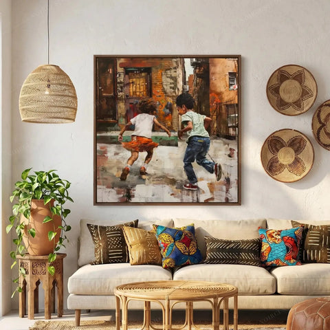 Black family art above a cream boho sofa with mudcloth pillows, oil painting of two kids running through a brick alley